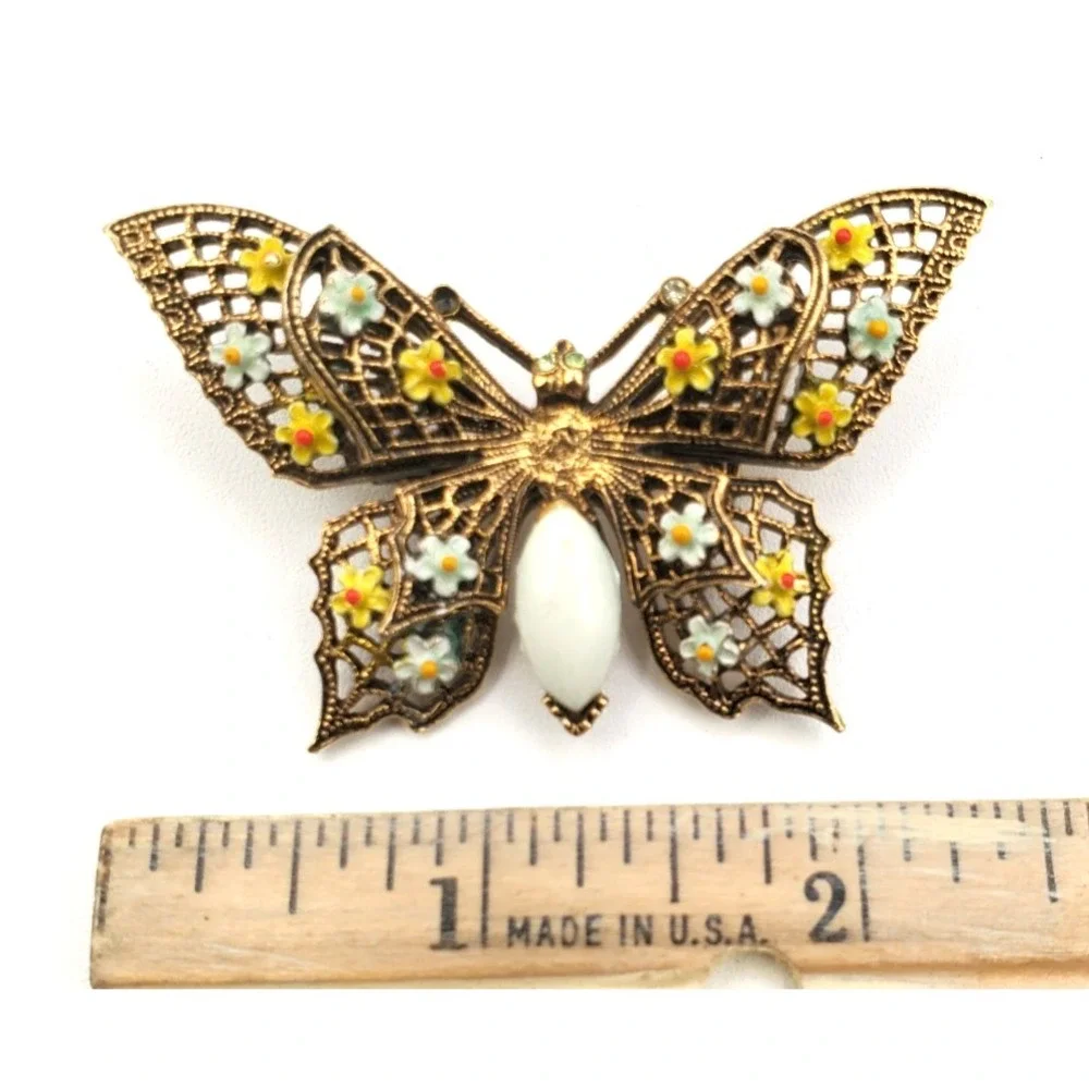 Vintage Filigree Butterfly Brooch Gold Tone Milk Glass & Flowers
